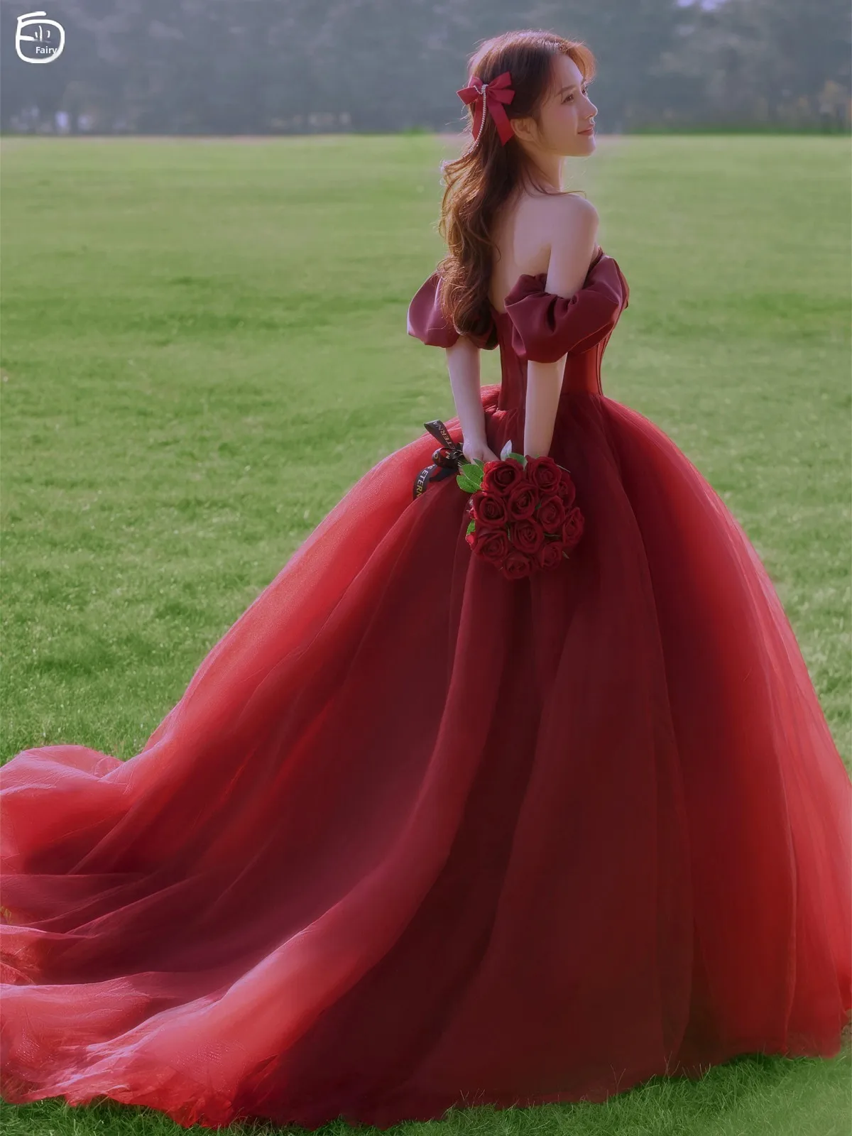 

2025 New Red Bridal Gown Outdoor Princ Sle Wedding Dr with Train for Bride Lightweight Photoaphy Suit