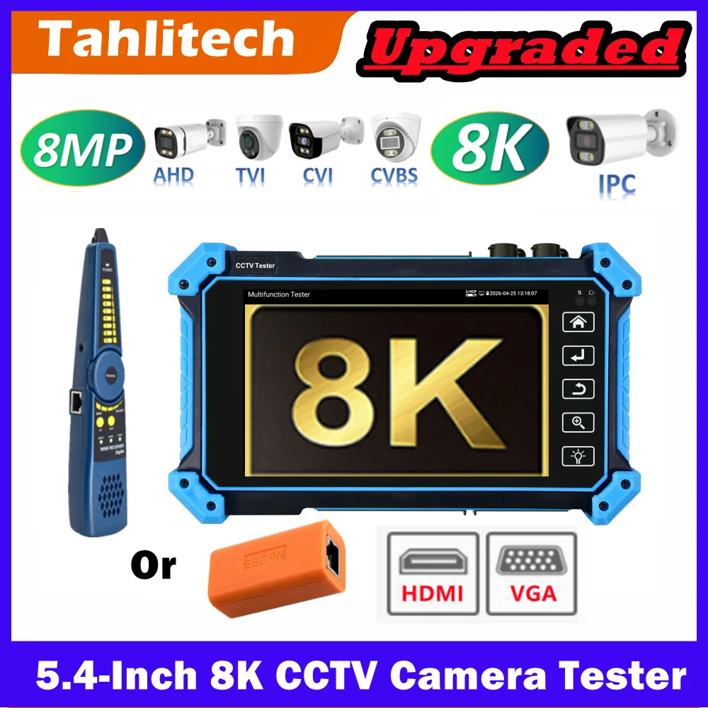 8K IPC Tester 8MP AHD/CVI/TVI CCTV Tester with HDMI VGA Input UTP Cable Test PoE Wifi Power Output Dahua Hikvision Camera Test