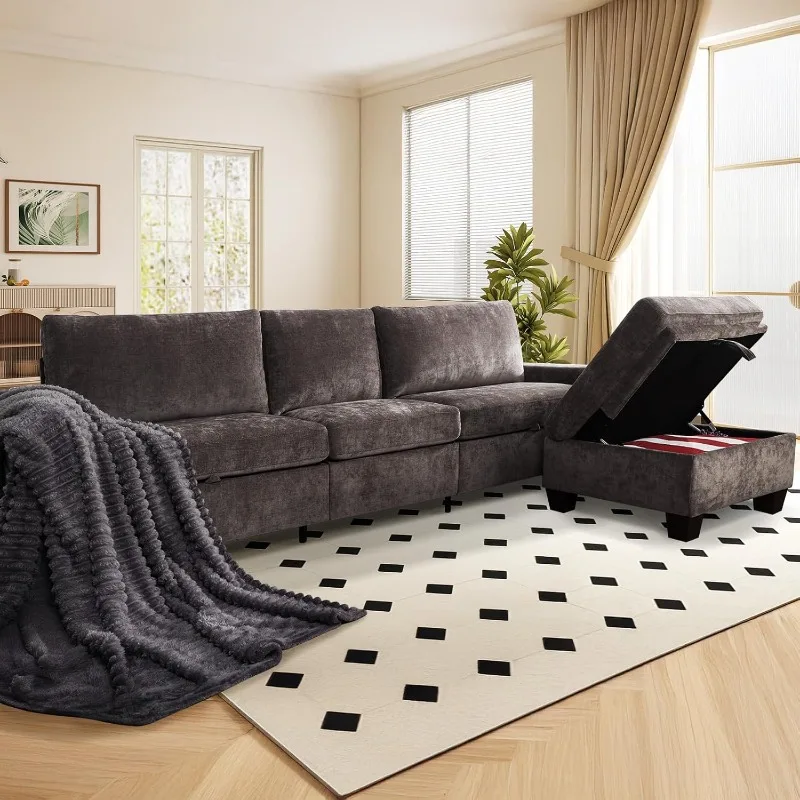 

Секционный диван-трансформер 112 дюймов, L-образный диван с пуфиком для хранения вещей, многофункциональный двусторонний диван с огромным хранилищем S