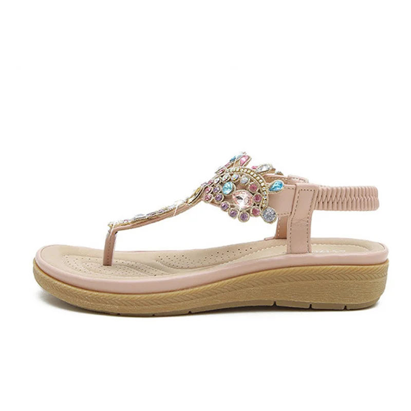 Summer New Round Toe Women\'s Flip Flops Fashion Personality Rhinestone Ladies Sandals Roman Crystal Platform Elastic Band Casual