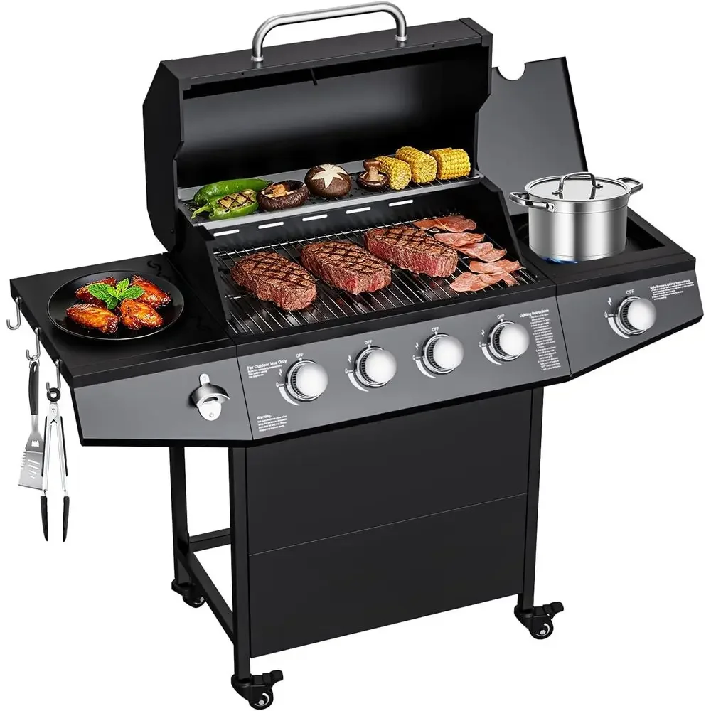 

Газовый гриль на 4 конфорки с боковой горелкой, 50 000 Вт, для улицы, с решеткой из нержавеющей стали, легкая очистка от жира, для использования на открытом воздухе