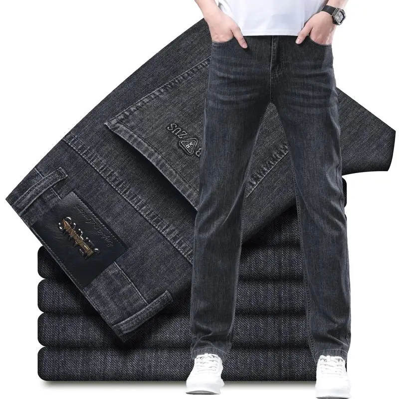 

Новые модные мужские джинсы для весны и лета: высококачественные свободные прямые эластичные джинсовые брюки, модные дымчато-серые штаны