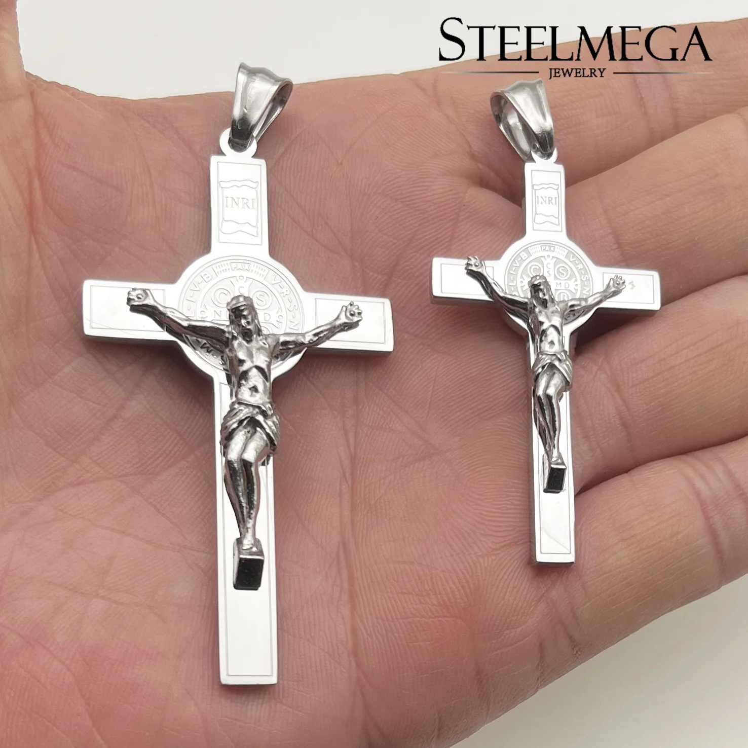 STEELMEGA Stainless Steel Catholic Pendant of Crucifix with Saint Benedict Medal
