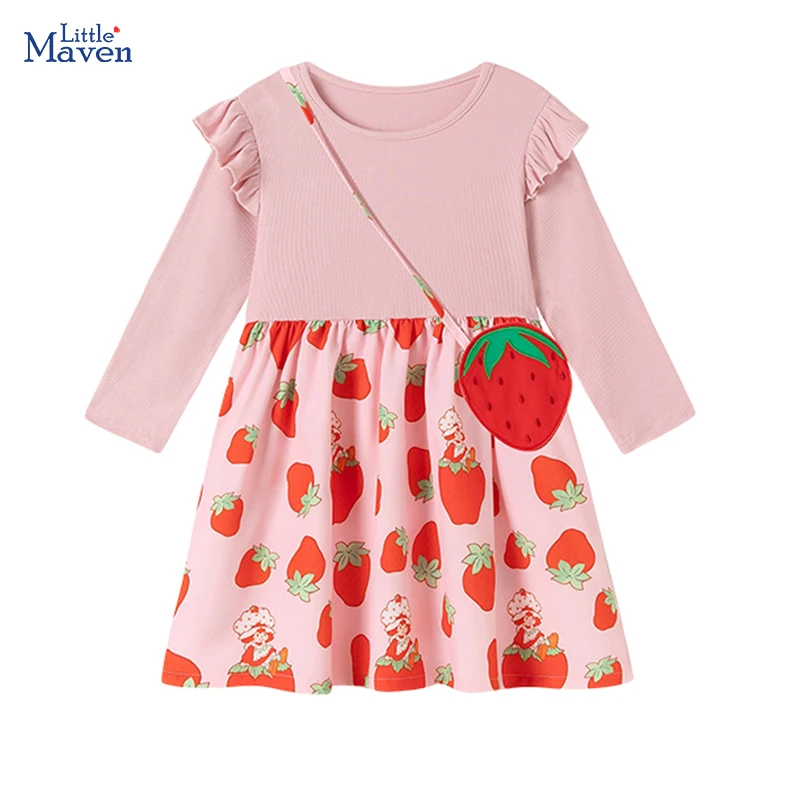 

Little maven Kids Clothes 2025 Autumn Spring Baby Girls Cartoon Straberry Dress for Girls Long Sleeve Princess Dresses