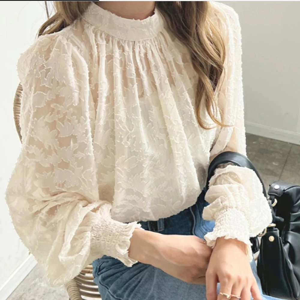 Elegant Solid Tulle Print Shirt Women Spring Summer Japanese Style Sweet Lantern Long Ruffles Elastic Cuff Sleeve Pullover