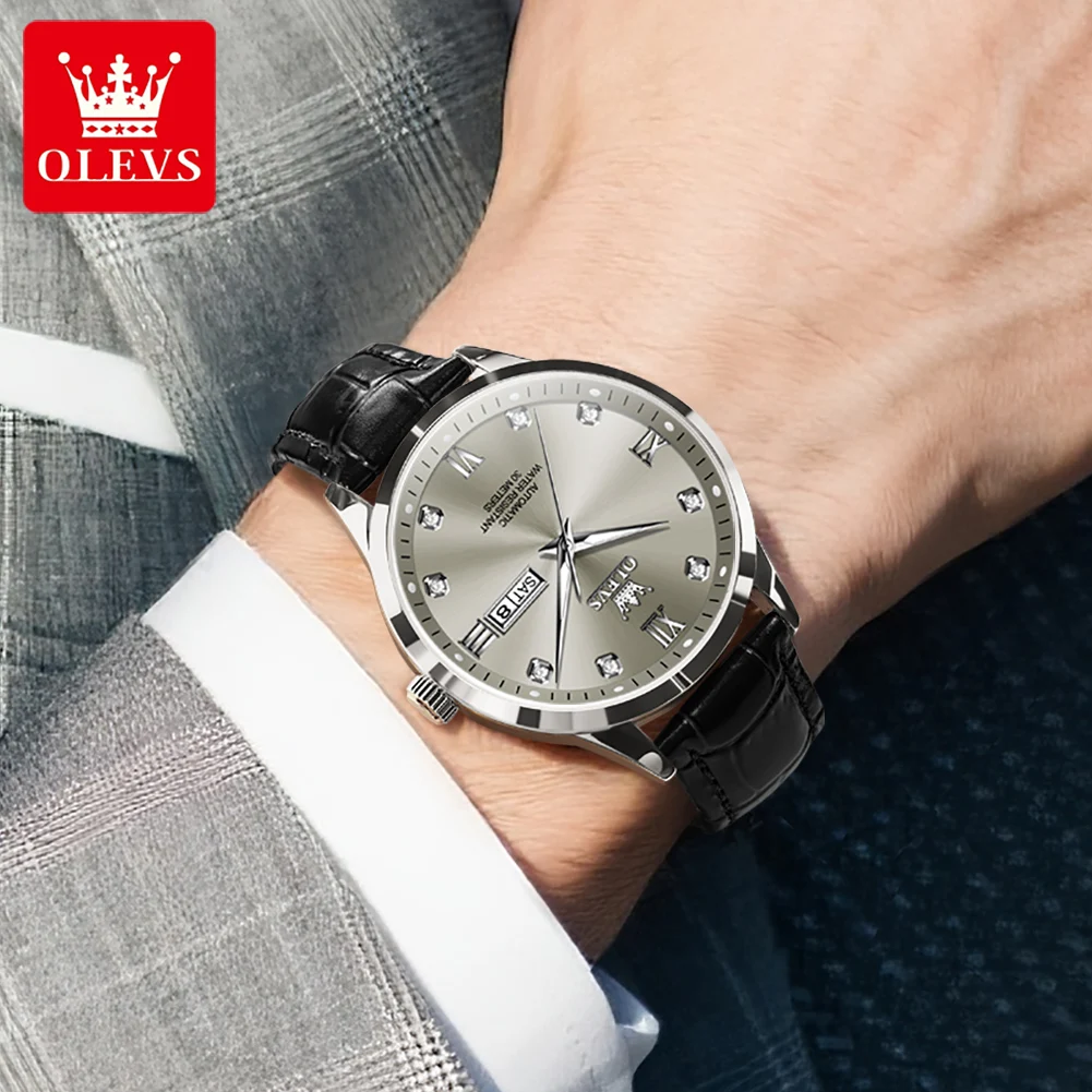 OLEVS 9946, reloj mecánico automático para hombre, reloj informal de cuero con doble calendario, reloj resistente al agua, reloj Formal de lujo para hombres maduros