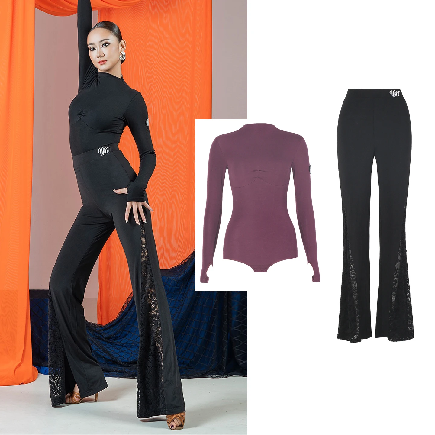 

New Latin Dance Clothes Women Long Sleeves Practice Clothing High Collar Leotard Black Lace Pants Ballroom Dancewear DNV24801