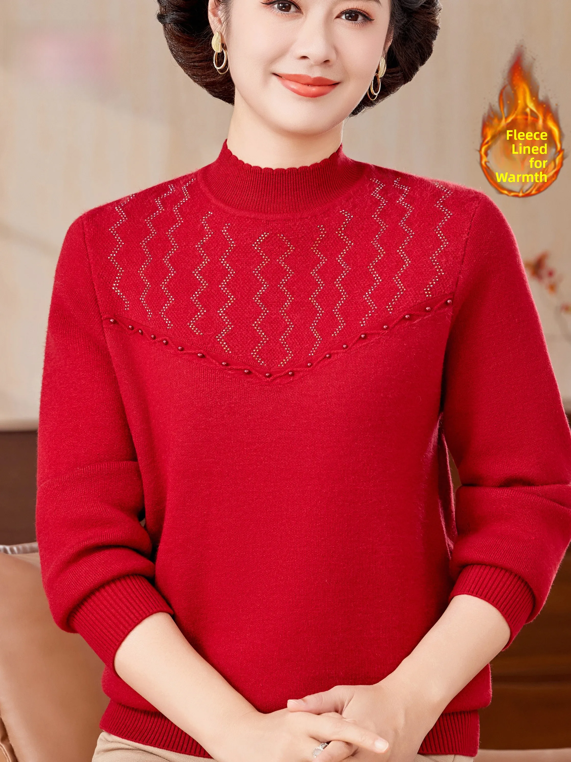 

Warm Fce Lined Knitted f High Collar Sweater Faionable Base irt for Older Women ly Autumn Winter Clothing