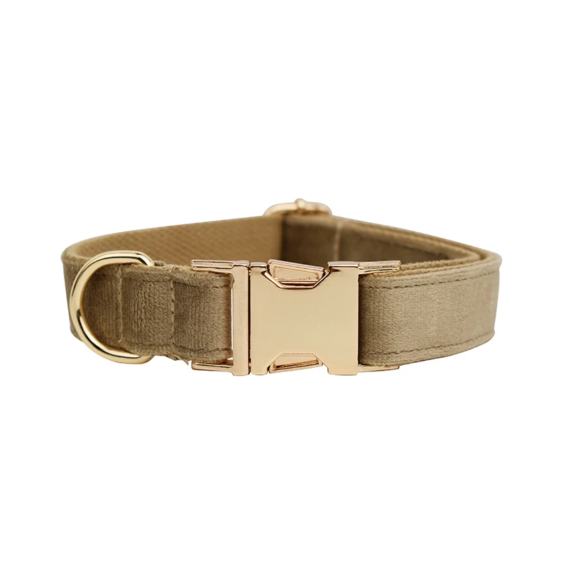 Ensemble collier et laisse pour chien en velours kaki clair avec plaque nominative gravée personnalisée - Accessoires pour animaux de compagnie - Laisse en velours 19_voghion.com
