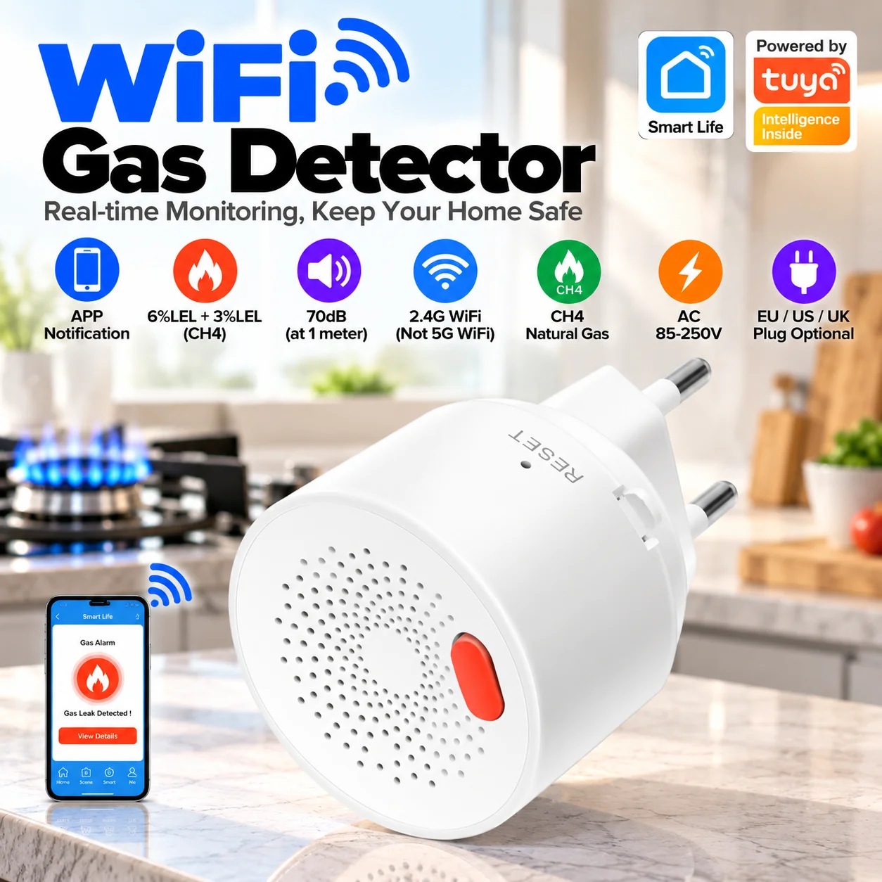 EU/US/UK Tuya Smart Home 2.4G Wifi Natural Gas Sensor Combustible Household Smart LPG Gas Leakage Alarm Detector