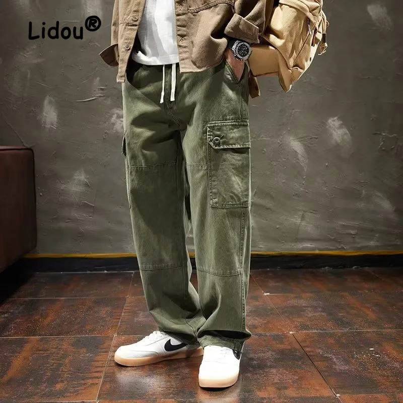 Men's Casual Solid Color Large Pocket Waist Drawcord Cargo Pants Classic Handsome Straight Cylinder Solid Color Male Mop Pants