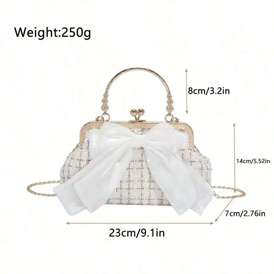 

Elegant Bow Decorated Tweed Frame Evening Bag For Women Chain Handle Clutch