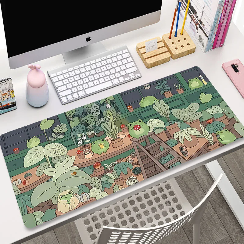 Green Plant Cat Large Gaming Mousepad XXL Gamer Mouse Pad 90x40 Office Long Table Mat Kawaii Desk Mat For Teen Girls For Bedroom