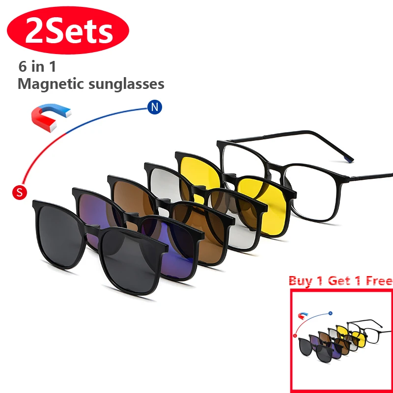 2sets Polarized TR90 Sunglasses Women Men 6 in 1 Magnet Sunshade Clip On Sun Glasses Eyeglasses High Quality Anti-Glare Female