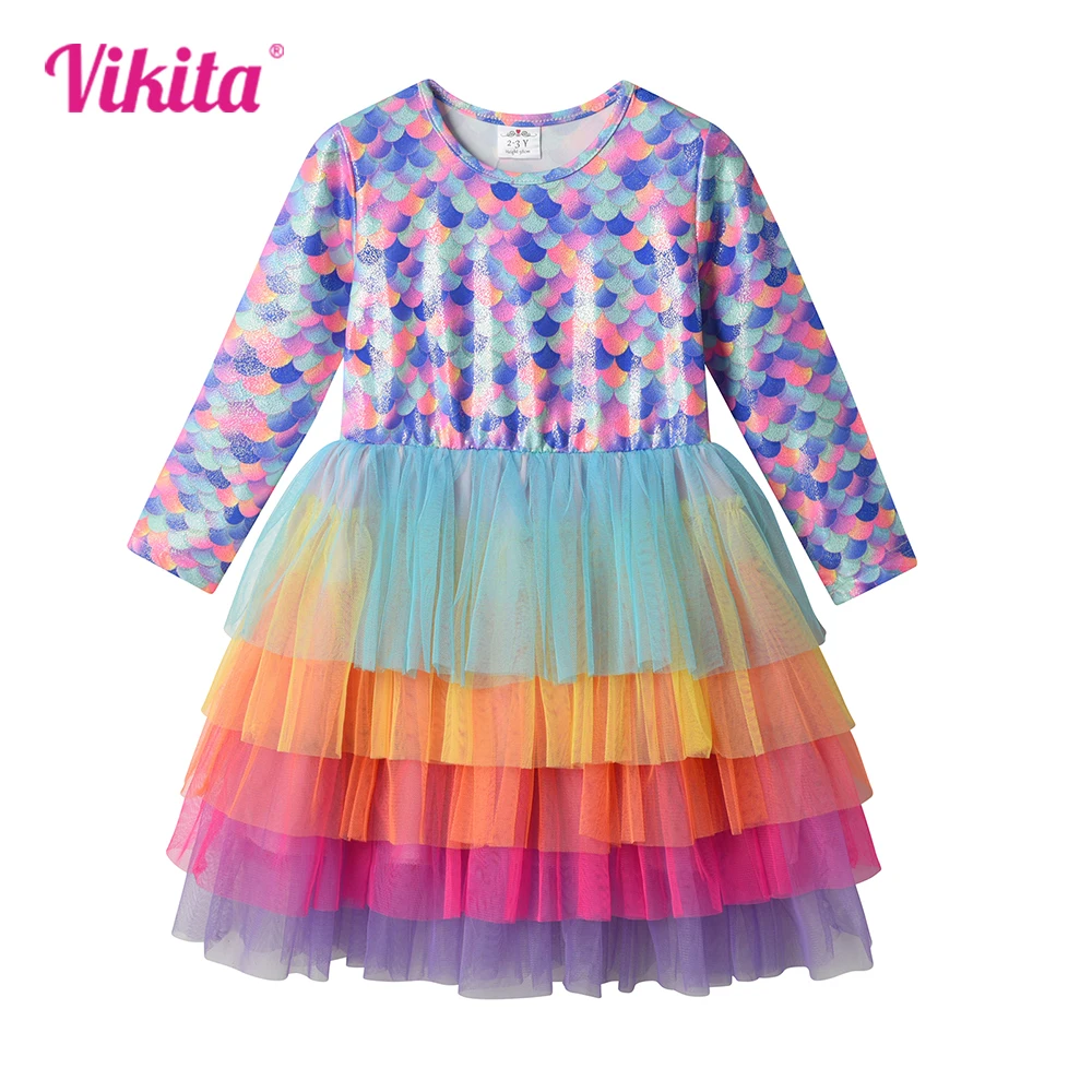 

VIKITA Girls Colorful Mermaid Print Long Sleeve Dress Kids Autumn Spring Performance Prom Gown Girls Tutu Cake Layered Dresses