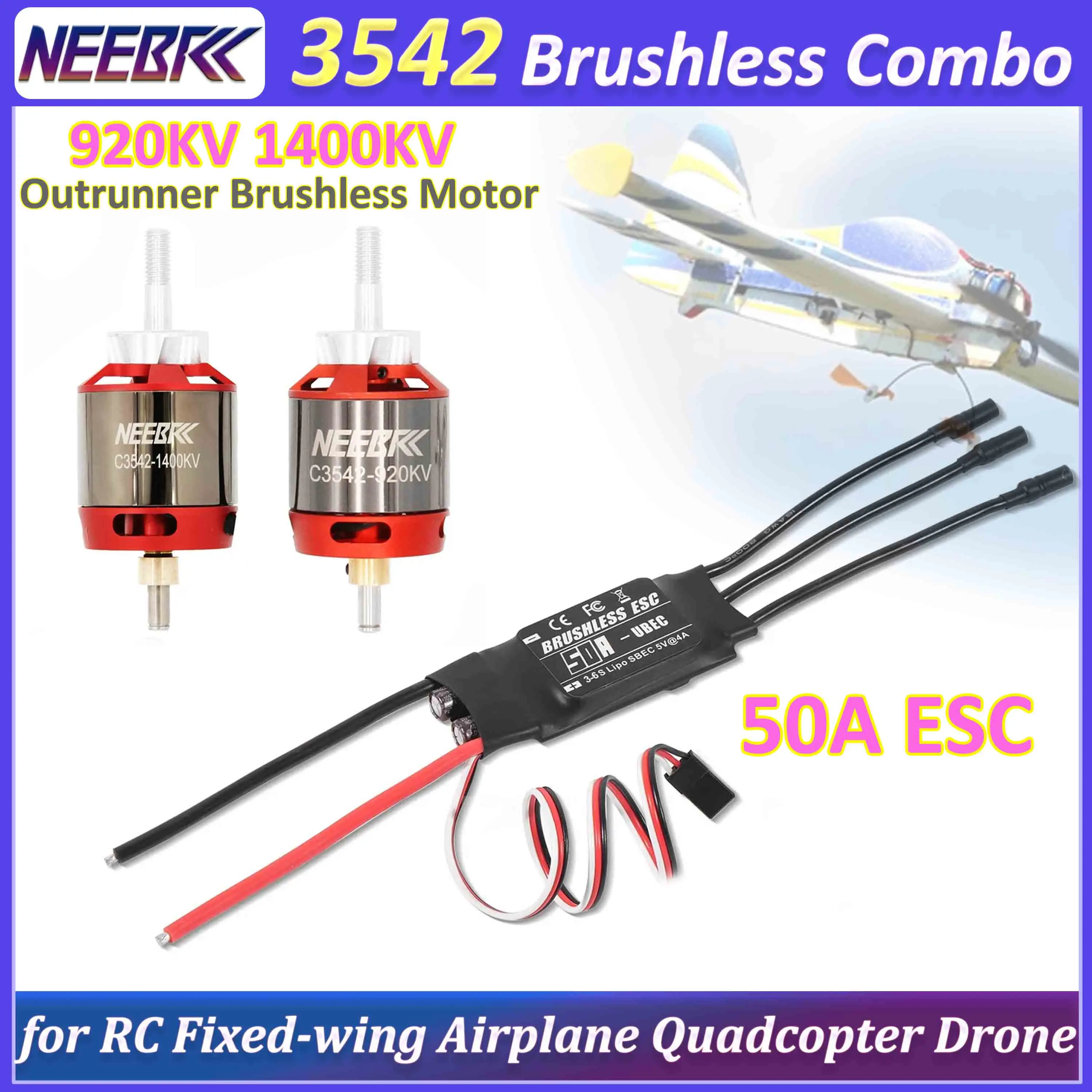 

Бесщеточный комплект NEEBRC RC для радиоуправляемых моделей: мотор 3542 920KV/1400KV Outrunner и регулятор скорости 50A ESC для самолетов, квадрокоптеров и дронов