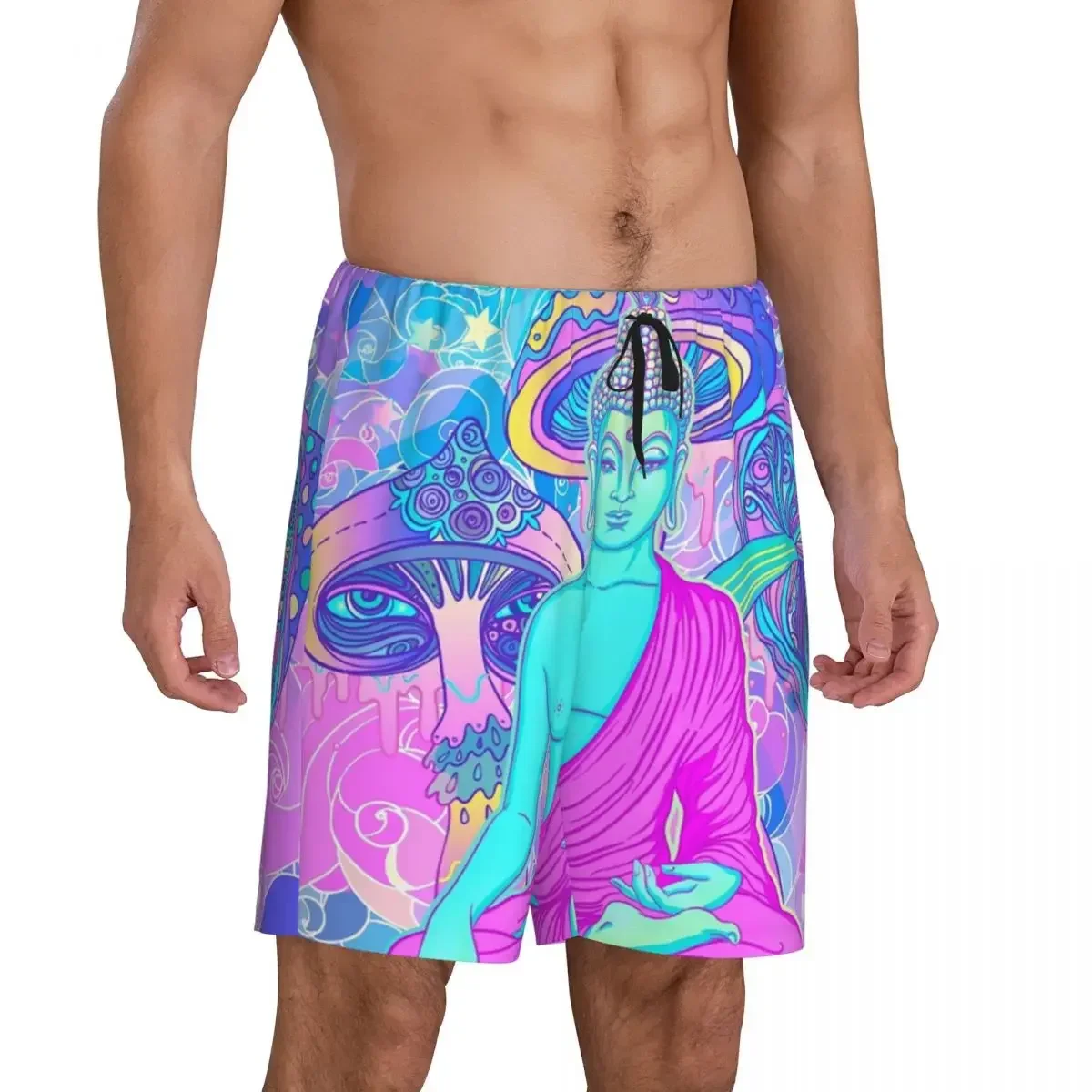 Custom Print Men Psychedelic Magic Mushroom Pajama Bottoms Trippy Buddha Sleepwear Pjs Sleep Shorts with Pockets