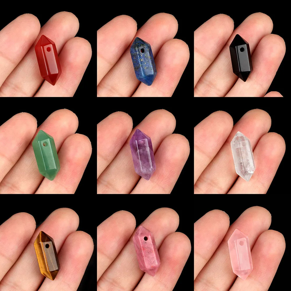 8x20mm Double-pointed Hexagonal Column Drilled Hole Point Wand Natural Crystal Stone Minerals Crafts for DIY Jewelry Accessories