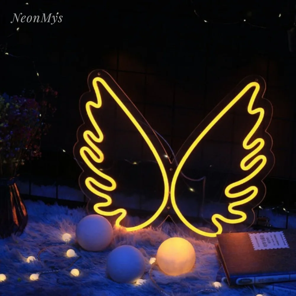 Enseigne au néon LED Ailes personnalisées pour filles, décoration de zone photo, mur au néon, cadeau personnalisé, fête d'anniversaire, mariage