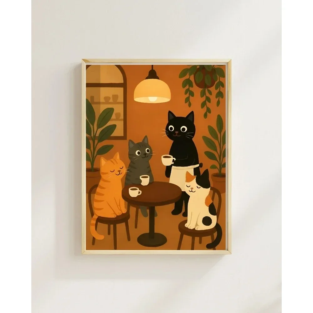 2026 Whimsical Cat Cafe Illustration Poster Retro Kitchen Wall Art With Tabby Calico, And Black Barista Cats High Resolution Dig