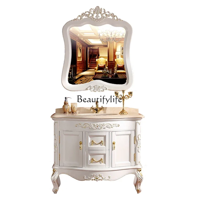 

FG10European bathroom cabinet combination red oak hand wash basin cabinet solid wood floor bathroom marble basin