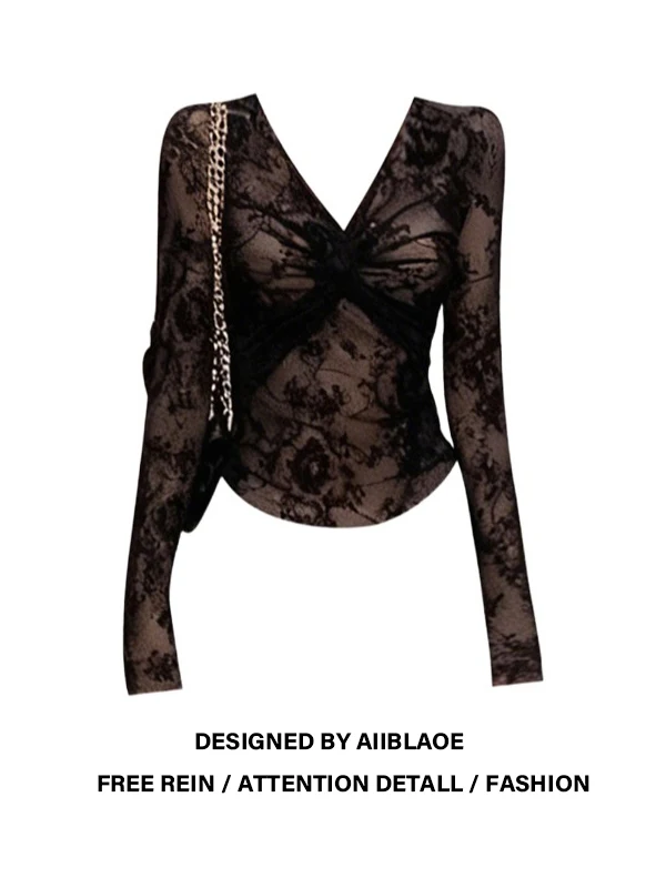 

Женская кружевная футболка больших размеров с длинным рукавом, V-образным вырезом и узлом, облегающий базовый топ для осени и зимы, сексуальный и соблазнительный