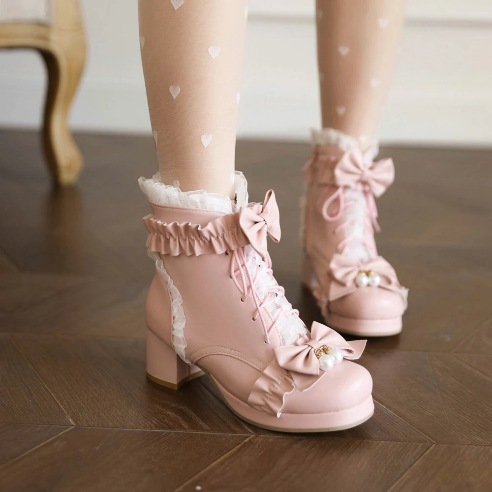 Autumn Winter Women Sweet Lolita Boots Side Zipper Lace Up Chunky Heels Round Toe Ankle Bow Pearl Cosplay Dress JK Uniform Shoes