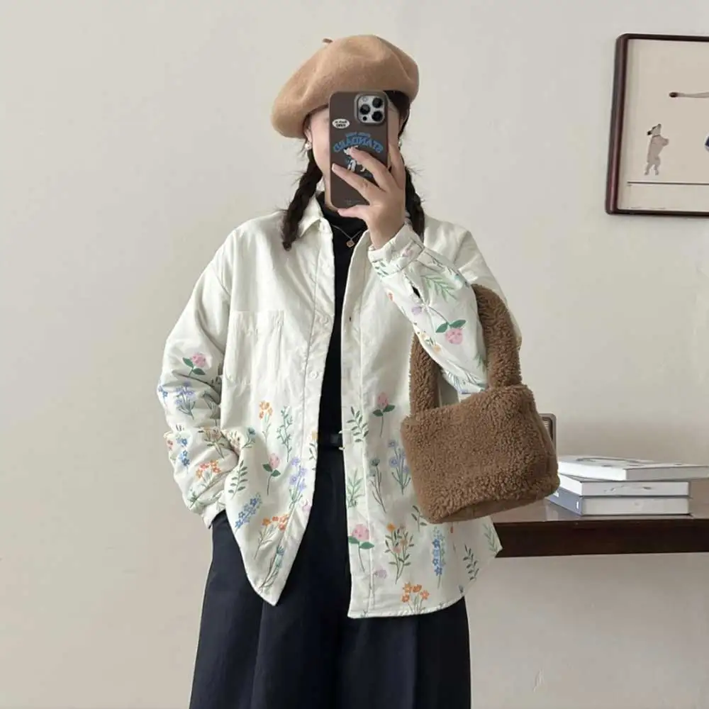 Japanese Sweet Mori Girl Floral Printed Cotton Padded Shirts Women Autumn Winter Long Sleeve Warm Loose Prairie Chic Outerwear