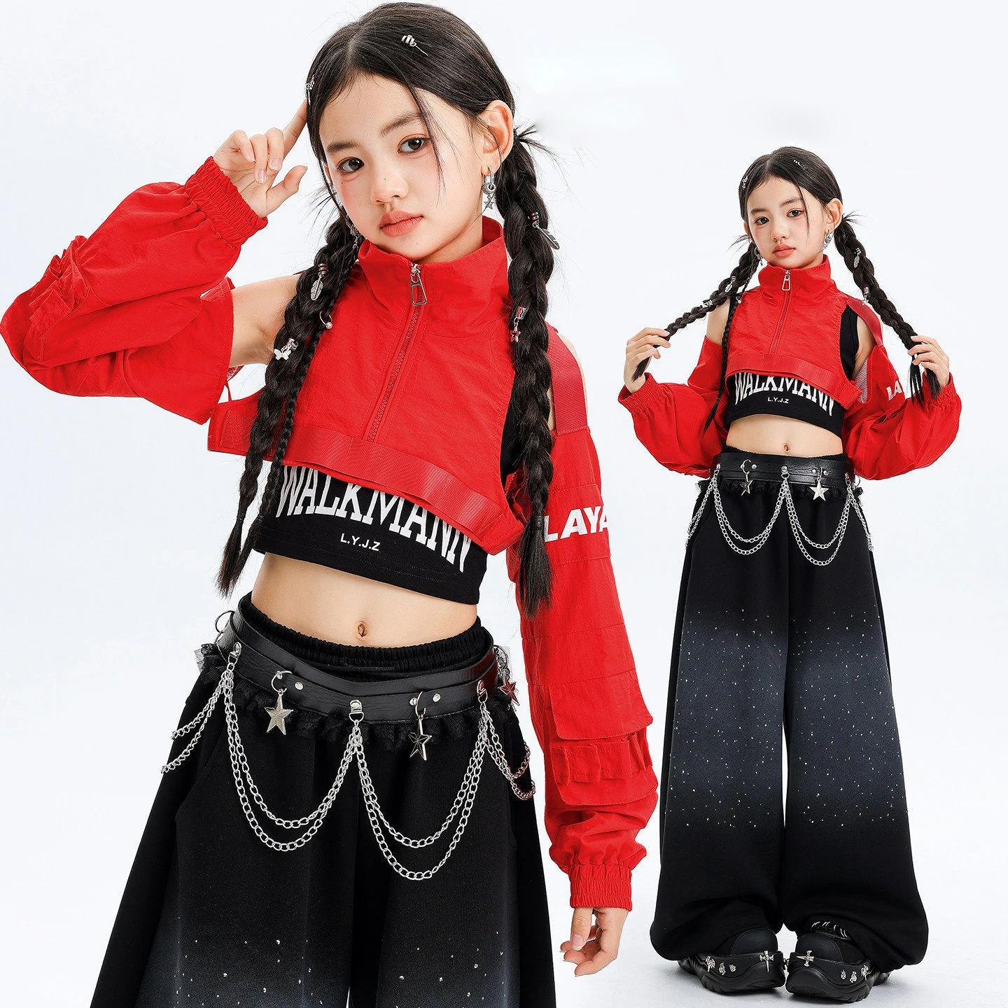 

Детская одежда в стиле K-pop и хип-хоп: красный укороченный топ с открытыми плечами, черные брюки с широкими изогнутыми штанинами и стразами для девочек, костюмы для уличных танцев