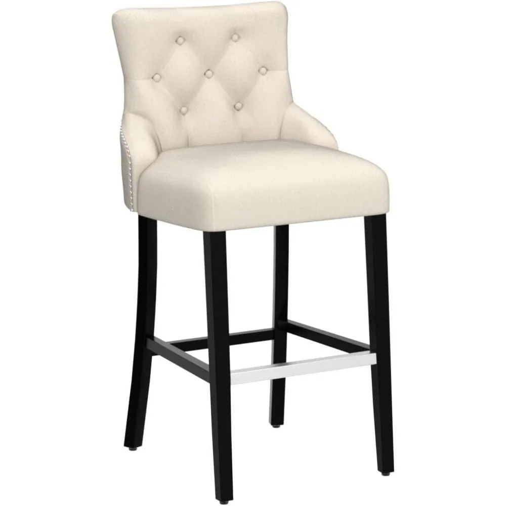 29'' Linen Bar Stools Set of 4, Modern Linen Upholstered Bar Height Bar Chairs, Button-Tufted Fabric Barstools with Back