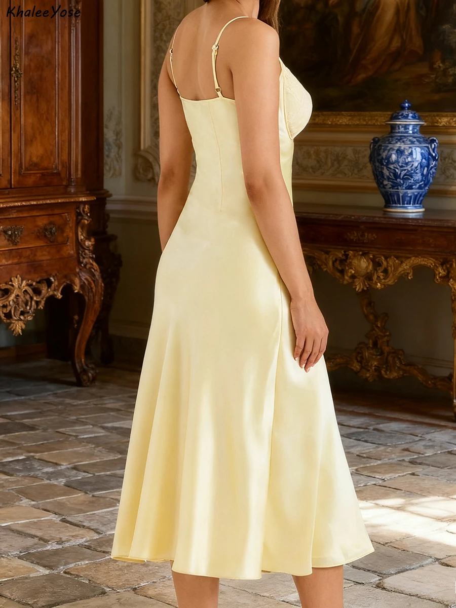 Abito lungo da donna elegante stile francese con spaghetti Abito estivo in raso di pizzo giallo con scollo a V Abiti maxi casual da donna sexy Nuovo