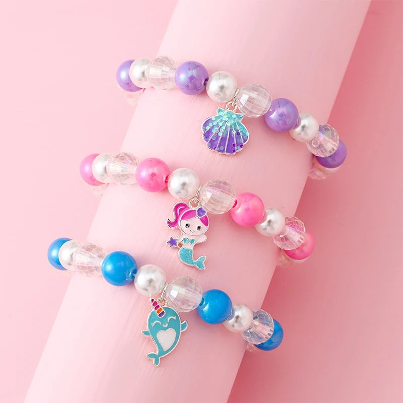 3Pcs/set Handmade Stretch Coloured Beaded Bracelets with Shell Mermaid Dolphin Charm for Women Girls Jewelry