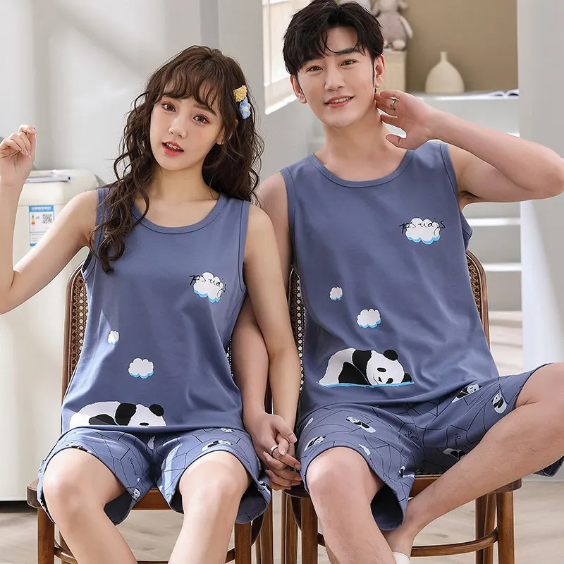 

Couples Cotton Nightwear for Summer Sleeveless Sleeping Top Pant Homewear Women's Cartoon Cute Pajamas Men Nightwear Dropship