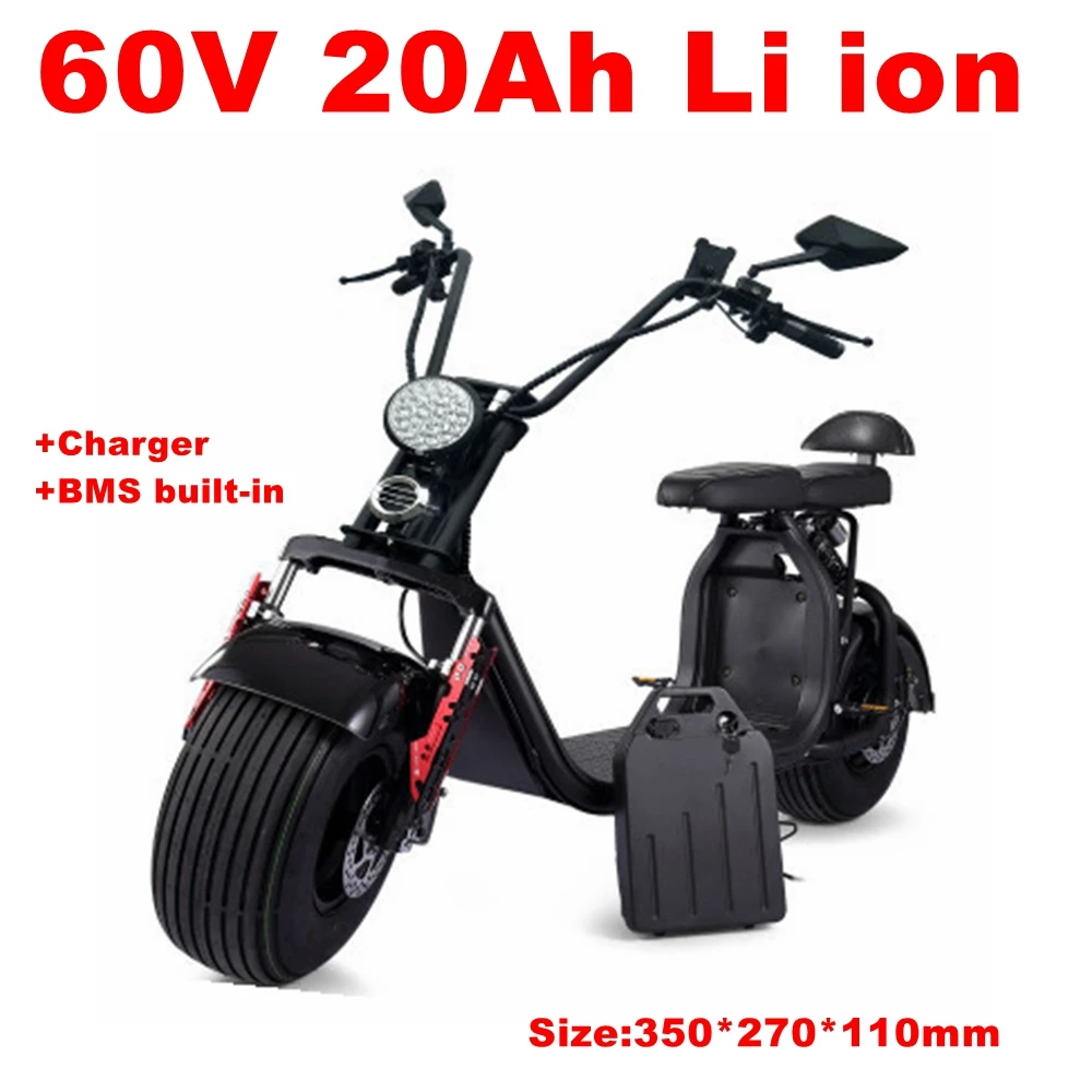 

Перезаряжаемый литий-ионный аккумулятор 60 в 20 Ач для электрического скутера с толстыми шинами, электрического мотоцикла, электронной рикши + зарядное устройство 3 А