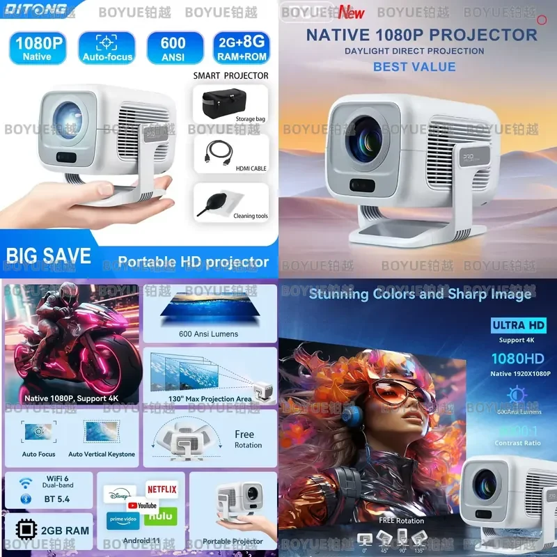 Native 1080P Mini Projector Support 4K WiFi6 Bluetooth Android Portable LED Home Theater Video Beamer HD Smart Cinema