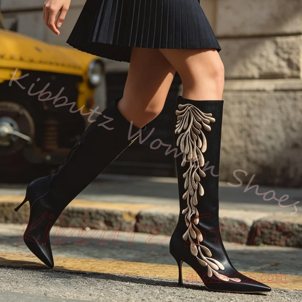 Knee High Boots Embroidery Decor Side Zipper Women Pointed Toe Stiletto Slim Fit Tall Shoes Patchwork Shoes Fashion Luxury Sexy