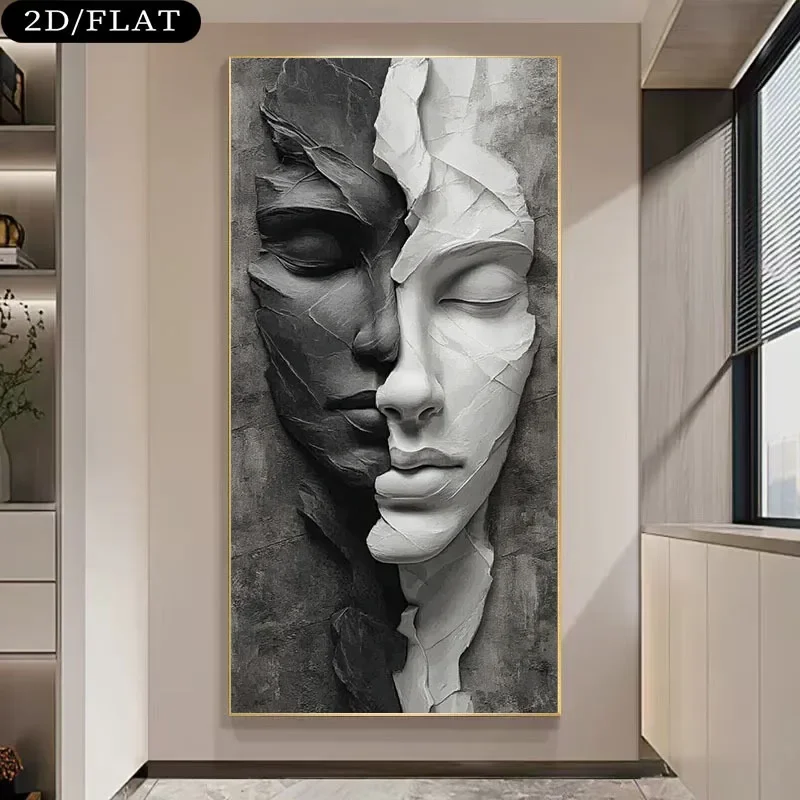 Large-sized 1pc frameless Canvas Painting 2D/Flat 1pc Extra Large Modern Abstract Face Split Canvas Wall Art, Unframed Minimalis