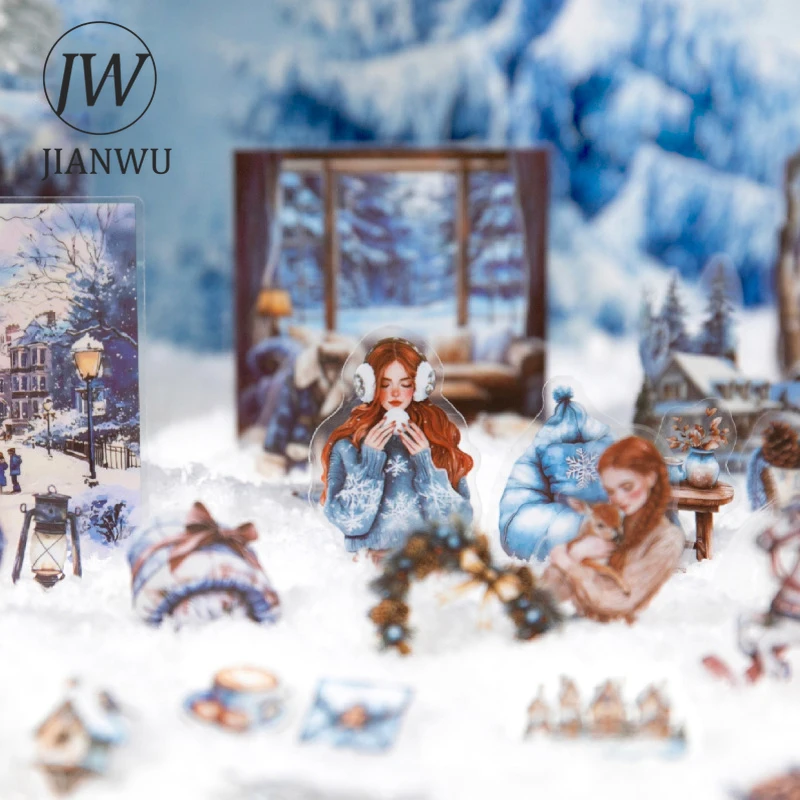 JIANWU Warm Moment Series Vintage Winter Snow House Character Landscape Material Collage PET Sticker Creative Journal Stationery