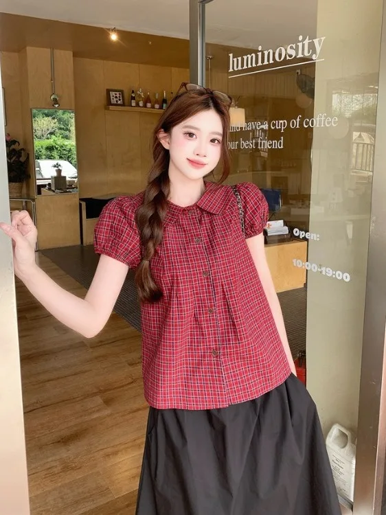 

plus Size Women's Sweet Style Plaid Short Sleeve Shirt And High Waist Skirt Set Korean Version Slim Fit Summer New Arrival