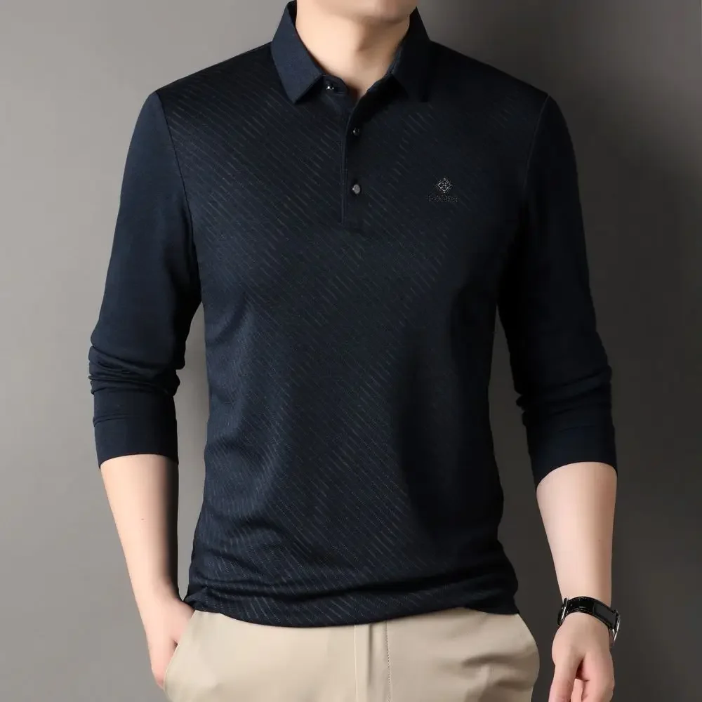 High Quality Soft Twill Lapel T-shirt Men's Business Leisure Top Autumn Winter Solid Color Warm Long Sleeves W5872