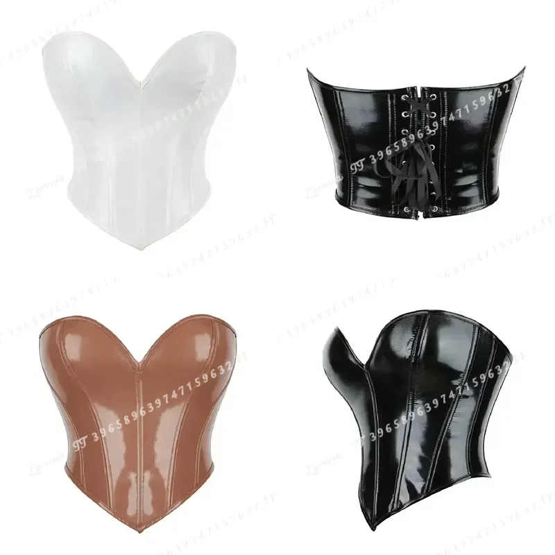 Black PVC Bustier Shiny PU Leather Corset Crop Top Body Shaper Women Sexy Corselet Vest Plus Size