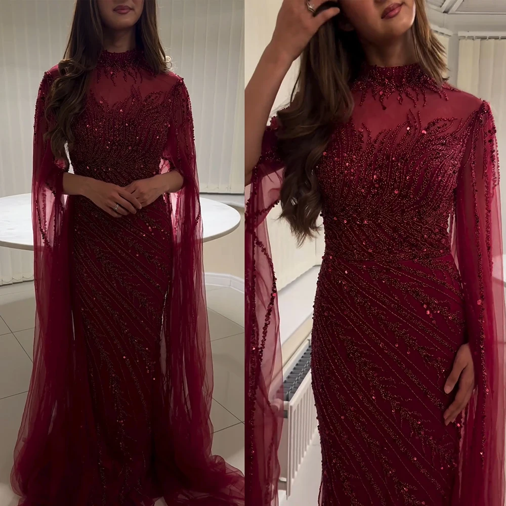 Luxury Mermaid Evening Dress with Cape Sleeves for Women 2024 Elegant High Neck Beads Formal Prom Wedding Party Gowns Customized