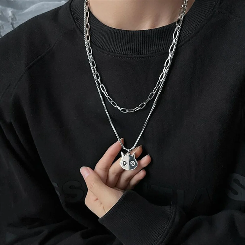 التيتانيوم الصلب طبقة مزدوجة القط قلادة قلادة للرجل امرأة موضة الهيب هوب سترة الترقوة سلسلة لا تتلاشى المجوهرات
