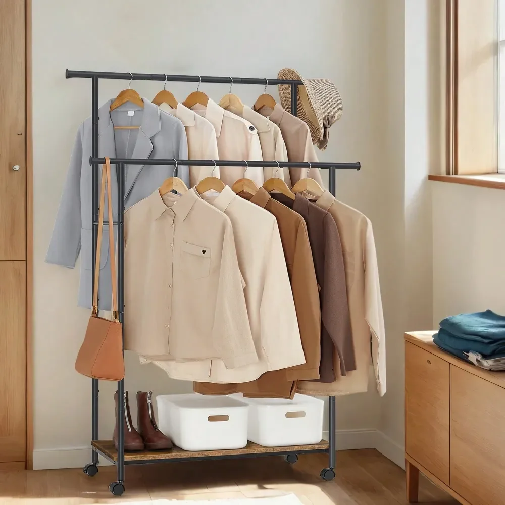 

Clothes Rack With Wheels, DoubleRod Clothing Rack For Hanging Clothes, 38.8 Inches Garment Rack With Shelf, Loads To 220 Lb,