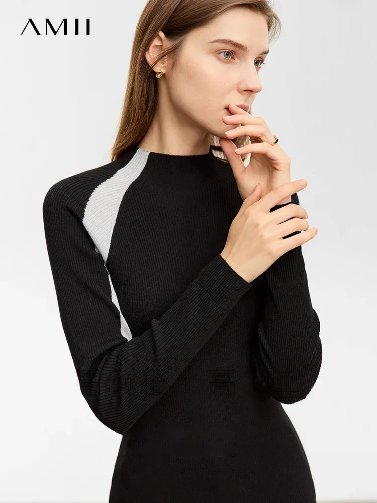 AMII Minimalist Women Sweater 2023 Winter Color Block Patchwork New Warm Slim Knitted Cozy Pullover Mock Neck Fleece 12344300