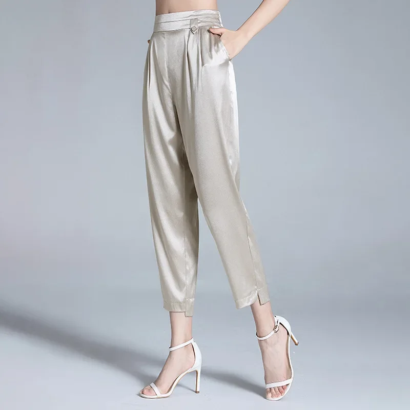 95% Mulberry Real Silk Pants Women Clothes New Summer Harem Pants High Waist Casual Thin Trousers Ladies Pantacourt Femme Été Sq