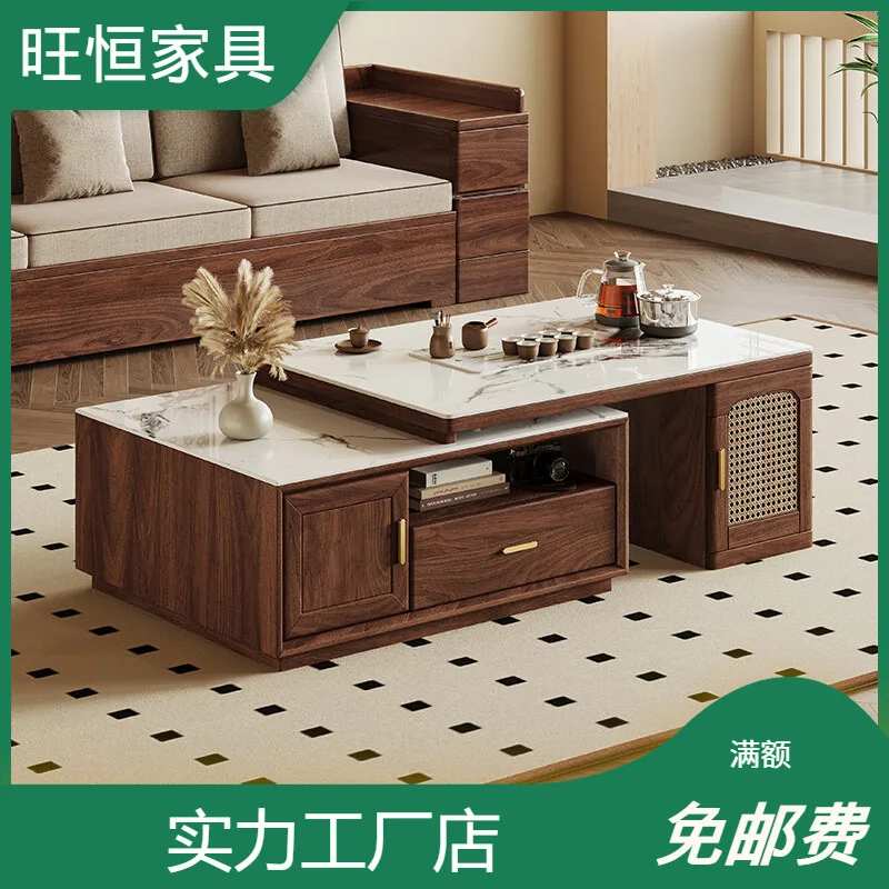 Solid wood coffee table Modern simple black walnut rock slab tea table Multifunctional boiling water induction cooker Living