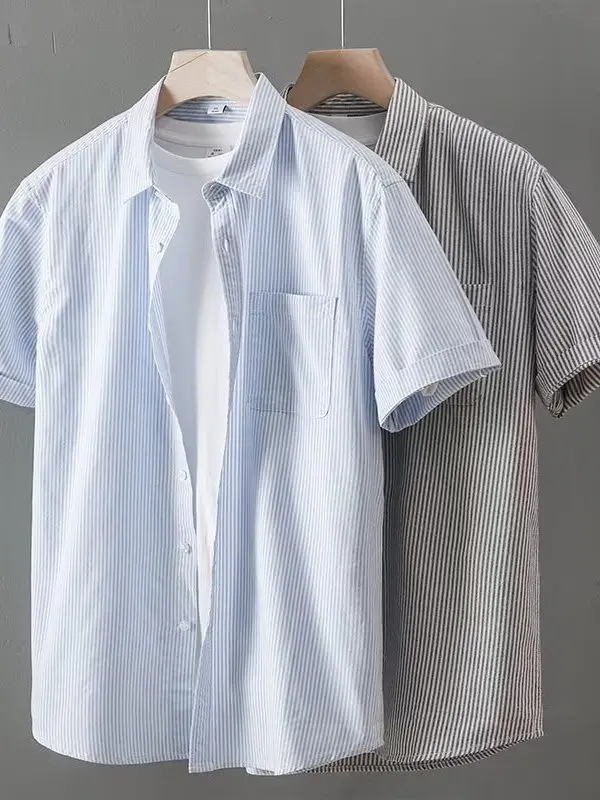 Heavyweight Blue White Stripes Short Sleeve Men's Summer Shirt Cityboy Salt System Ice Silk Cool Feeling Loose Fit Printed Shirt