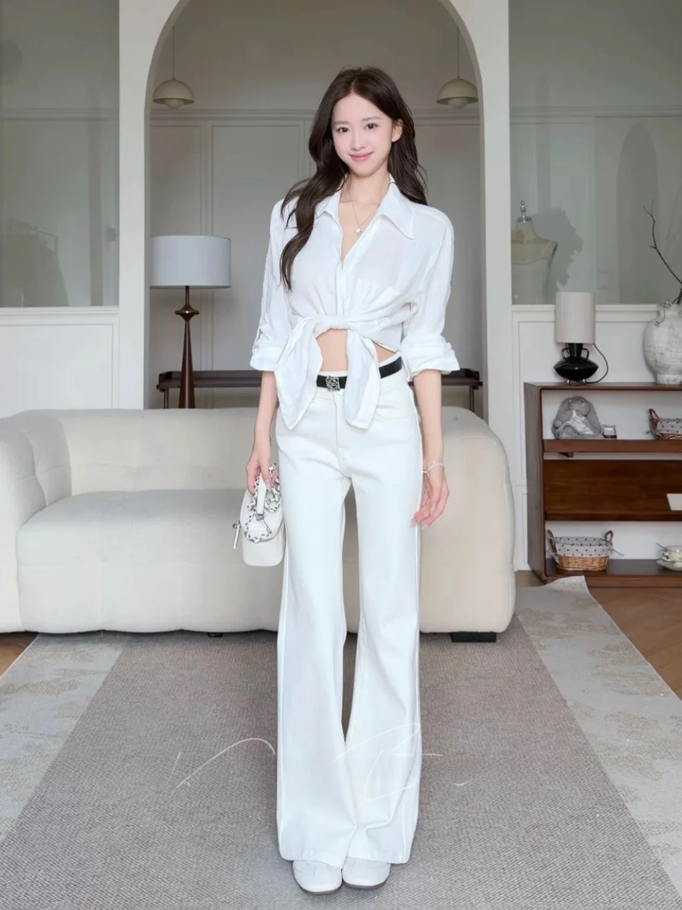 Tea White Summer Original Design High Waist Cotton Stretch Denim Pants Women's Wide Leg Jeans Four Directional Elastic Slimming