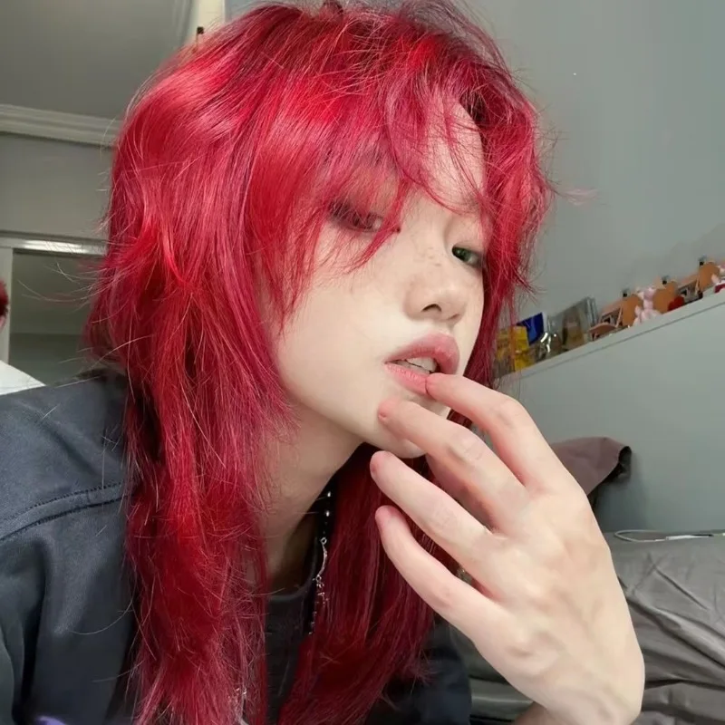 Men's Red Cool Tapered Long Hair Anime Hairstyle with Full Mullet Wig, Synthetic Wig for Christmas Party